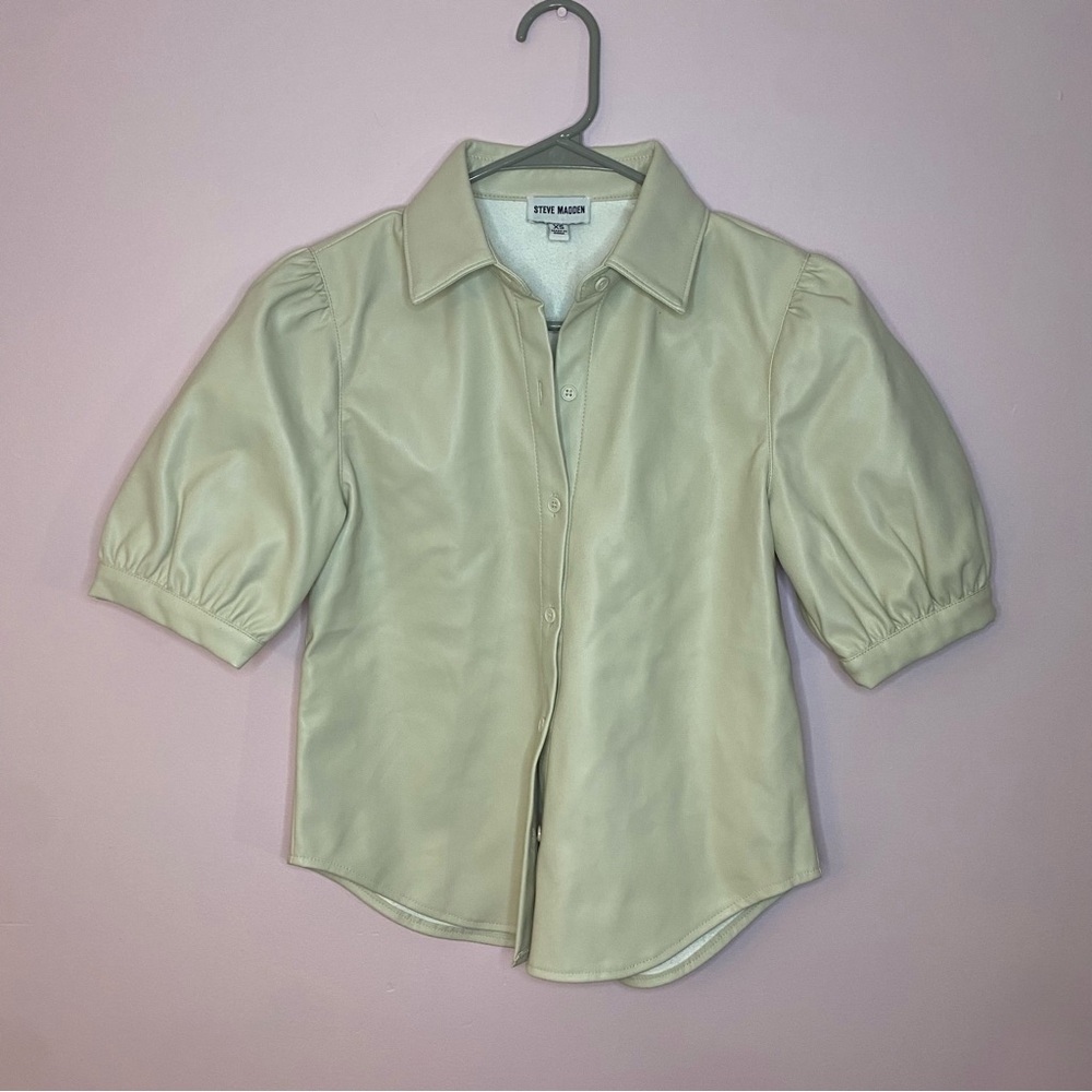 Steve Madden cream faux leather short puff sleeve button up top